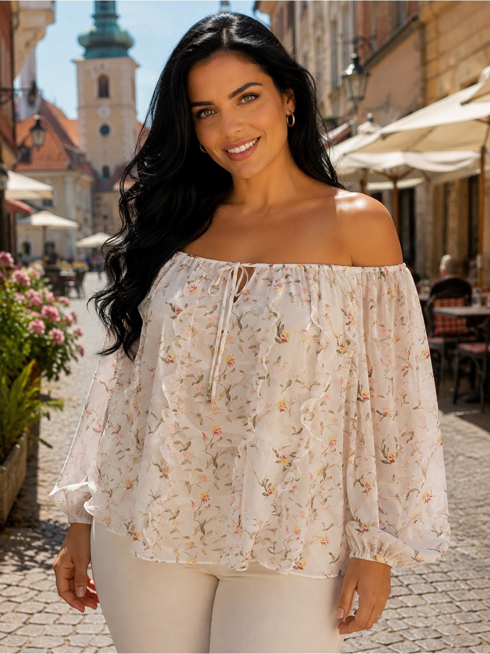 White House Black Market White Floral Tie-Front Off-Shoulder Blouse🧺
